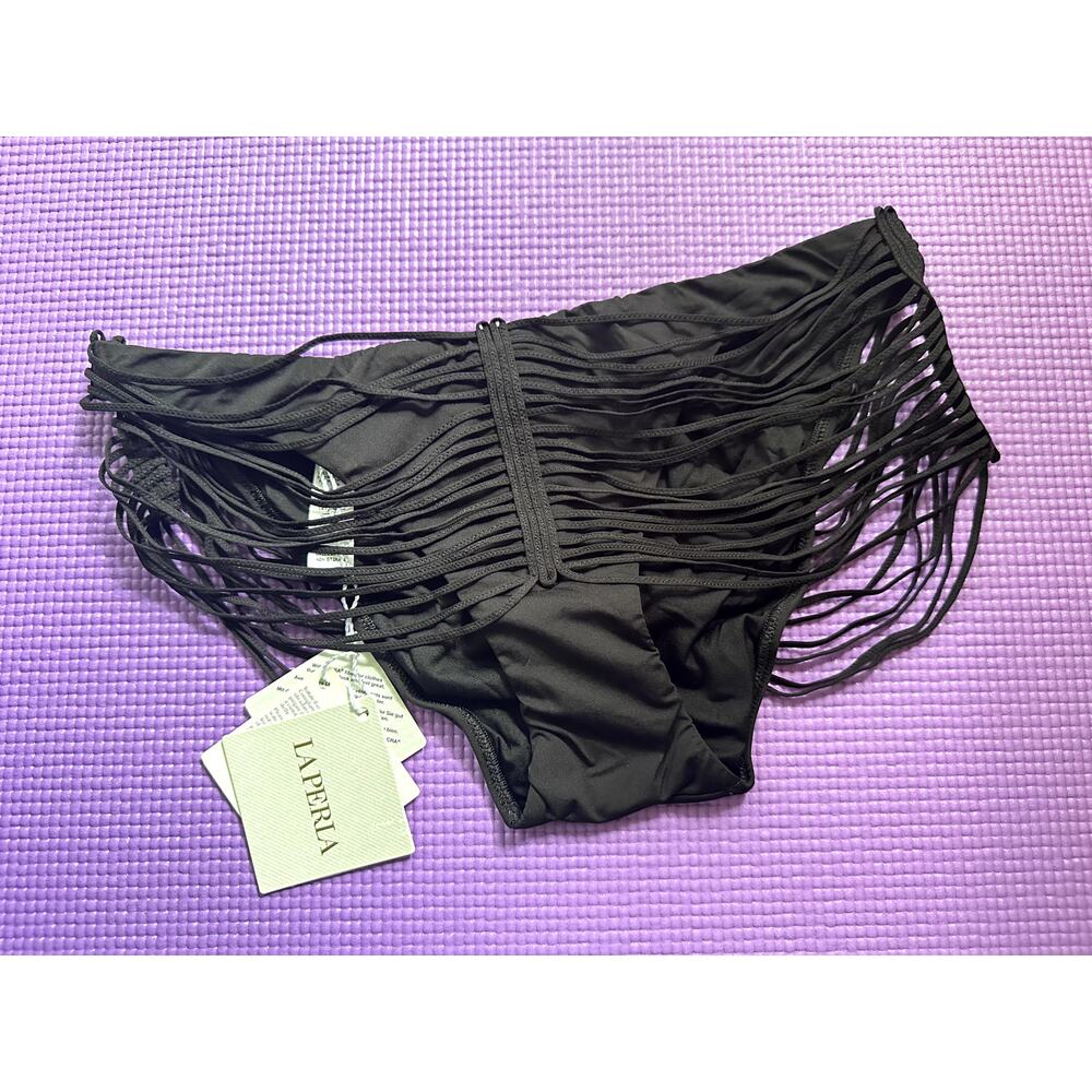 NWT La Perla Bikini Bottom Black Fringe Womens Size 6 Lycra Made in Italy
